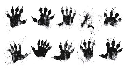 Grunge Animal Paw Prints: Vector Set of Grungy Bear Claw Marks on White