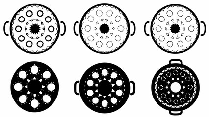 Six stylized oval shapes with intricate geometric patterns and handles arranged in two rows of three silhouette