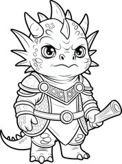 Cute baby dragon warrior in armor, black and white cartoon line art, fantasy creature illustration for coloring, kid-friendly mythical hero