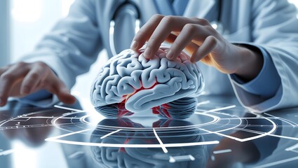 Doctor examining a holographic brain model with futuristic technology