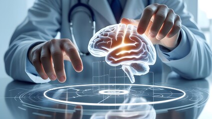 Doctor examining a glowing holographic brain model with futuristic technology
