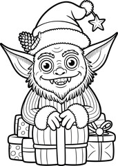 Cute Christmas elf with big eyes wearing Santa hat, holding gifts, holiday festive character line art illustration, coloring page