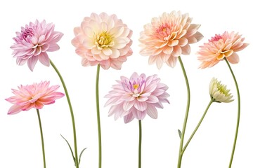 Delicate pastel pink and peach dahlia flowers with long green stems arranged against a clean white background