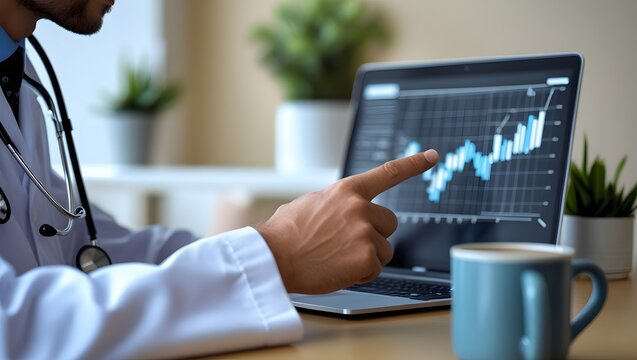 Doctor analyzing financial data on a laptop with a stethoscope