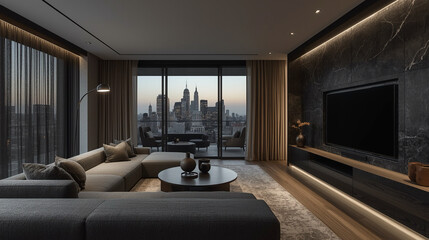 Fototapeta premium Modern Minimalist Living Room With City Skyline View Interior Design