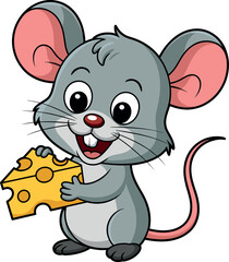 Cartoon mouse character, gray fur, large pink ears, pink nose, long pink tail, smiling expression, holding yellow Swiss cheese with holes, playful and cheerful design