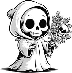 Cute Grim Reaper Skeleton with Roses, Black and White Cartoon Art, Gothic Halloween Illustration, Adorable Death Character Clipart