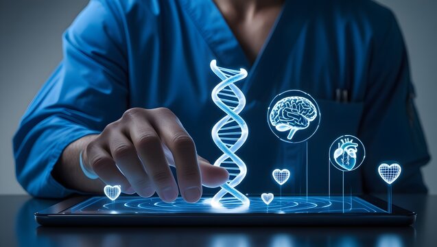 Scientist interacting with futuristic dna and medical holograms on tablet