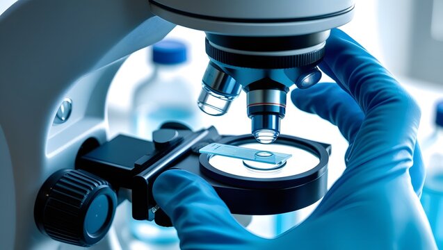 Scientist in blue gloves using a microscope in a laboratory setting