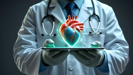 Doctor displays holographic human heart on digital tablet for medical analysis