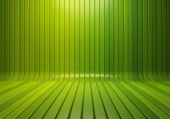 Abstract green background with vertical lines curving into a horizontal plane, creating a studio-like effect.