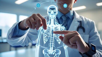 Doctor interacting with holographic human skeleton in futuristic medical technology