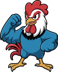 Cartoon muscular rooster character, strong blue-feathered bird with fist pose, fierce farm animal illustration, confident expression design, kids concept