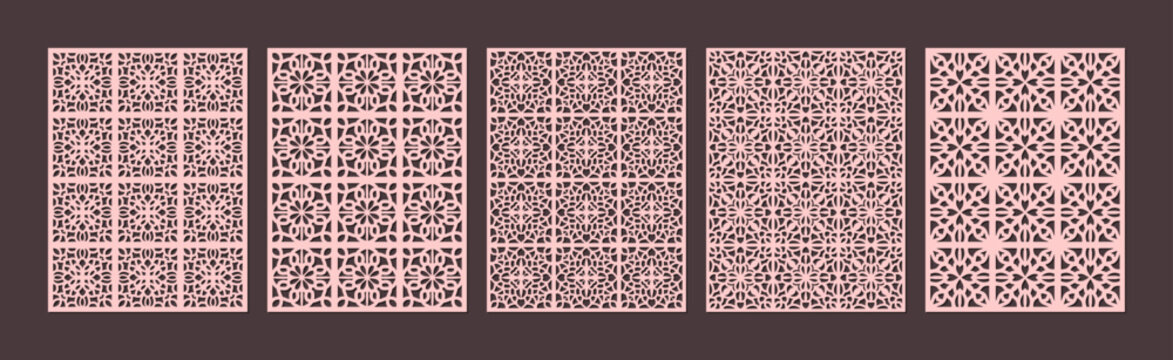 Set of five decorative laser cut panel patterns for screen or divider design vector