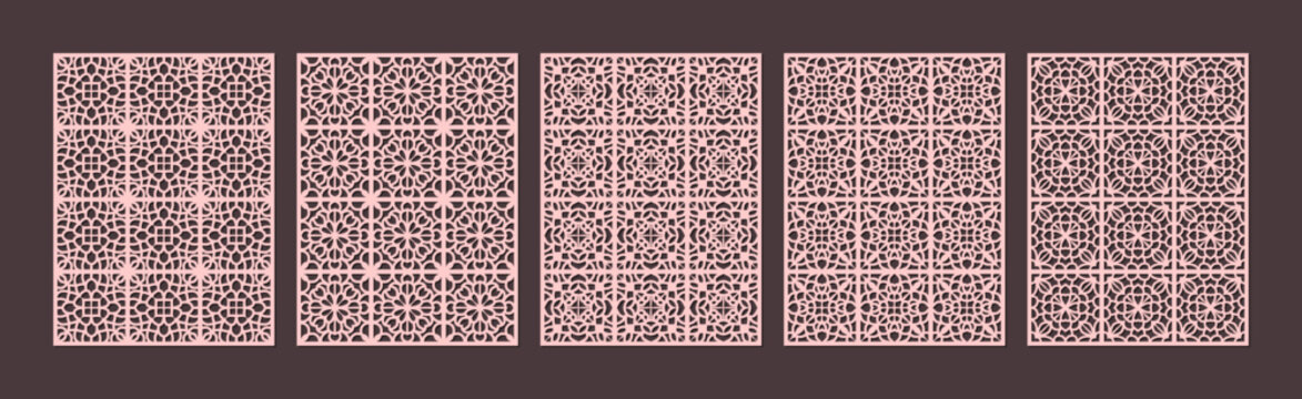 Set of five decorative laser cut panel patterns in pink and brown tones vector