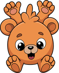 Cartoon orange bear character, round body, large eyes, small black nose, smiling mouth, raised arms and legs showing paw pads, tuft of fur on head, large round ears, playful and cute design