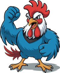 Cartoon muscular rooster, red comb, blue feathers, clenched fists, confident pose, shouting expression, strong animal character, bold illustration