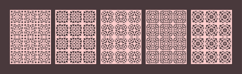 Obraz premium Set of five decorative geometric pattern panels with intricate cutout design vector