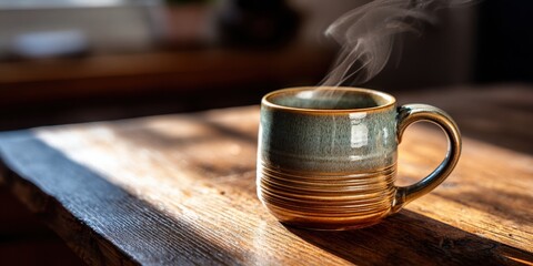 A rustic ceramic mug filled with a steaming hot beverage sits on a sunlit wooden table