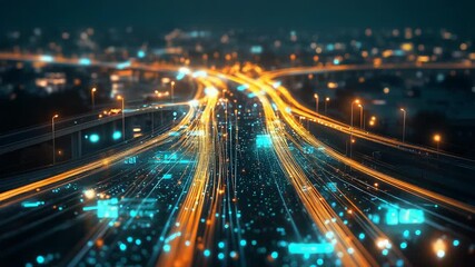 Futuristic highway traffic flowing with data at night - Powered by Adobe