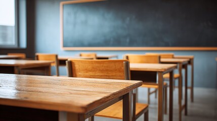 Empty Classroom with Wooden Desks and Blackboard, Ready for Students and Education
