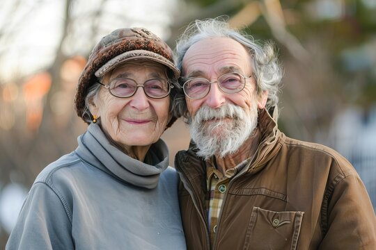 Portrait of a cheerful elderly couple enjoying a winter day outdoors