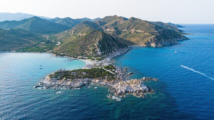 Aerial view of the beach of Punta Molentis, a sandy isthmus near Villasimius on the southeastern coast of Sardinia, an Italian island in the Mediterranean Sea
