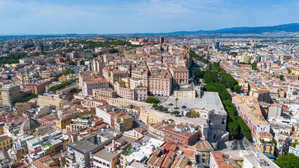 Aerial view of the Castello, the old medieval town of Cagliari, the capital city of Sardinia, an Italian island of the Mediterranean Sea
