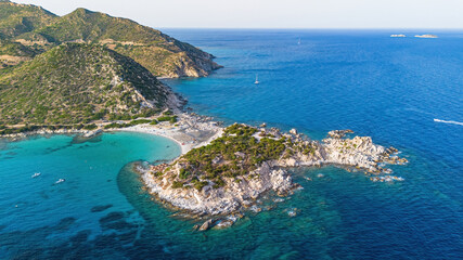 Aerial view of the beach of Punta Molentis, a sandy isthmus near Villasimius on the southeastern coast of Sardinia, an Italian island in the Mediterranean Sea