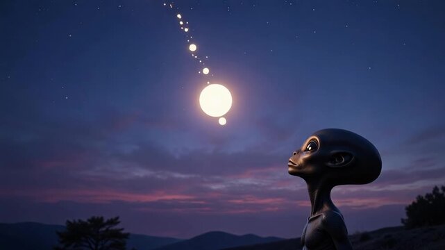 Otherworldly being levitating glowing orbs against a twilight sky, mysterious alien visitor showcasing power, representing advanced technology and cosmic wonder
