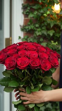 Hands of a delivery person presenting a large, stunning bouquet of vibrant red roses at a welcoming doorway, symbolizing surprise and thoughtful gifting.