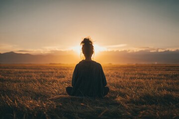 Silhouette of woman meditating in golden field at sunset