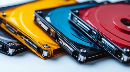 Close Up of Computer Hard Drives Disc with various Vivid Color Effects. Wallpaper Background.