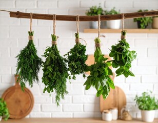 Freshly harvested herbs, tied and hung to dry in a bright, airy kitchen setting.