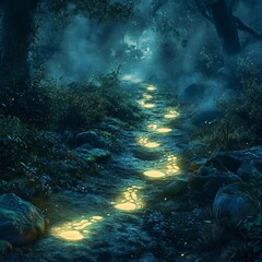 Obraz premium Dreamwalker’s Trail A path of glowing footprints leading into an unknown fantastical realm mysterious and poetic