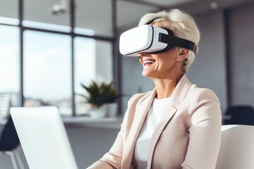 Smiling businesswoman experiencing virtual reality using vr headset in modern office