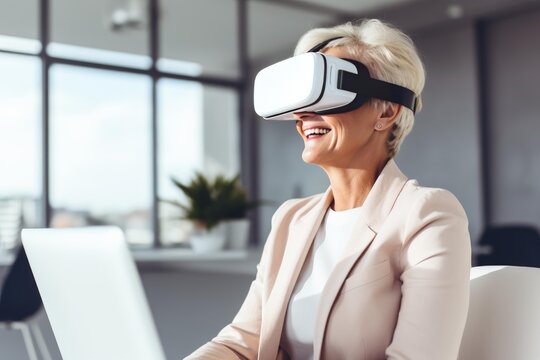Smiling businesswoman experiencing virtual reality using vr headset in modern office