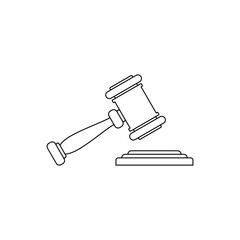 Line art illustration of a gavel resting on a sound block, representing law, justice, or auction.