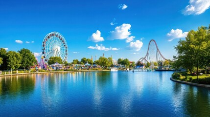 Vibrant Amusement Park Scene with Ferris Wheel and Roller Coaster