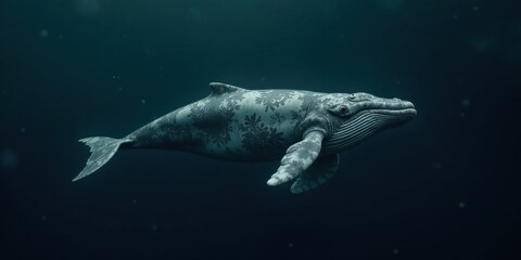 Obraz premium An Ornate Humpback Whale Gracefully Navigates the Deep Ocean Depths, Its Skin Adorned with Intricate Floral Patterns, a Stunning Underwater Spectacle of Nature's Artistic Expression