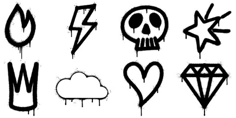 collection of black graffiti stencil icons with dripping paint effect, including fire, lightning bolt, skull, star, crown, cloud, heart, and diamond. © Doa Bunda