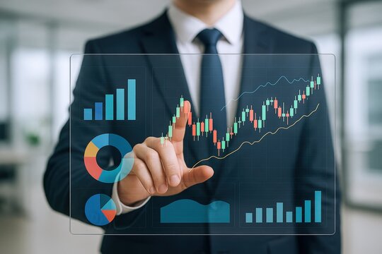Financial Analyst Examining Stock Market Data and Investment Growth on a Transparent Digital Interface