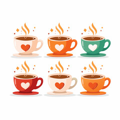 Obraz premium A flat style vector illustration set of six colorful coffee cups with hearts. Playful cartoon mug icons isolated on a white background.