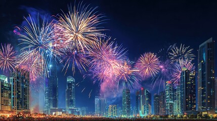 Fototapeta premium Fireworks Display over City Skyline at Night Celebratory Event Anniversary Celebration