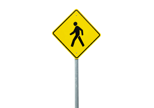 Yellow diamond pedestrian crossing warning sign mounted on pole isolated on transparent background