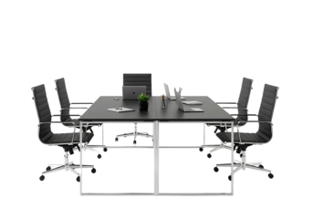 Modern office conference room table with ergonomic chairs and laptop ready for a business meeting transparent background