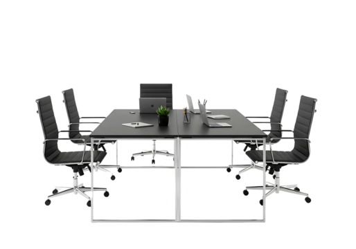 Modern office conference room table with ergonomic chairs and laptop ready for a business meeting transparent background