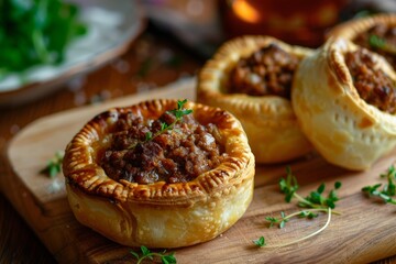 Savory meat pies baking in golden puff pastry, garnished with fresh thyme sprigs, creating a tempting culinary scene
