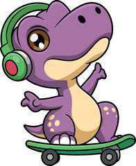 Cartoon purple dinosaur with beige belly and leg spots wearing green headphones, riding green skateboard, cheerful expression, playful pose