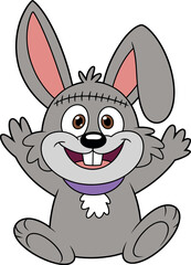 Cartoon rabbit character, gray fur, large ears with pink insides, big smile with two front teeth, wide expressive eyes, tuft of hair on head, purple collar, white chest patch, sitting pose 